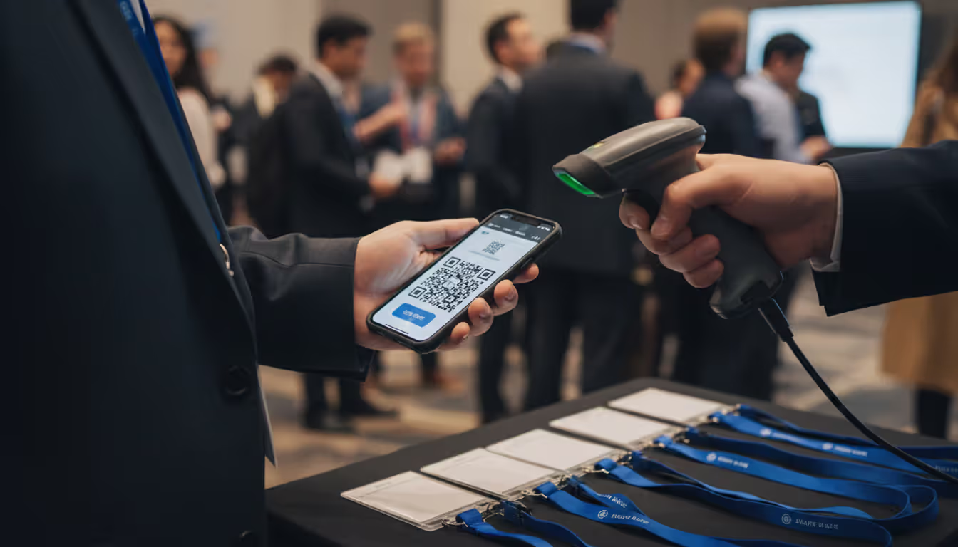 Close-up of event staff scanning a QR code on an attendee smartphone screen with NFC badges laid out on the registration table and a blurred queue of conference participants in the background