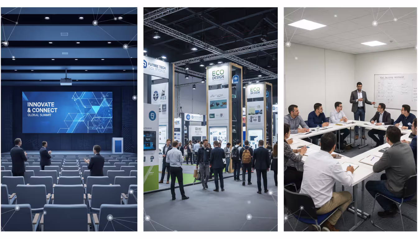 Collage showing different event types including a corporate conference with a large screen, a trade show floor with exhibitor booths, and a small training workshop classroom with participants at desks