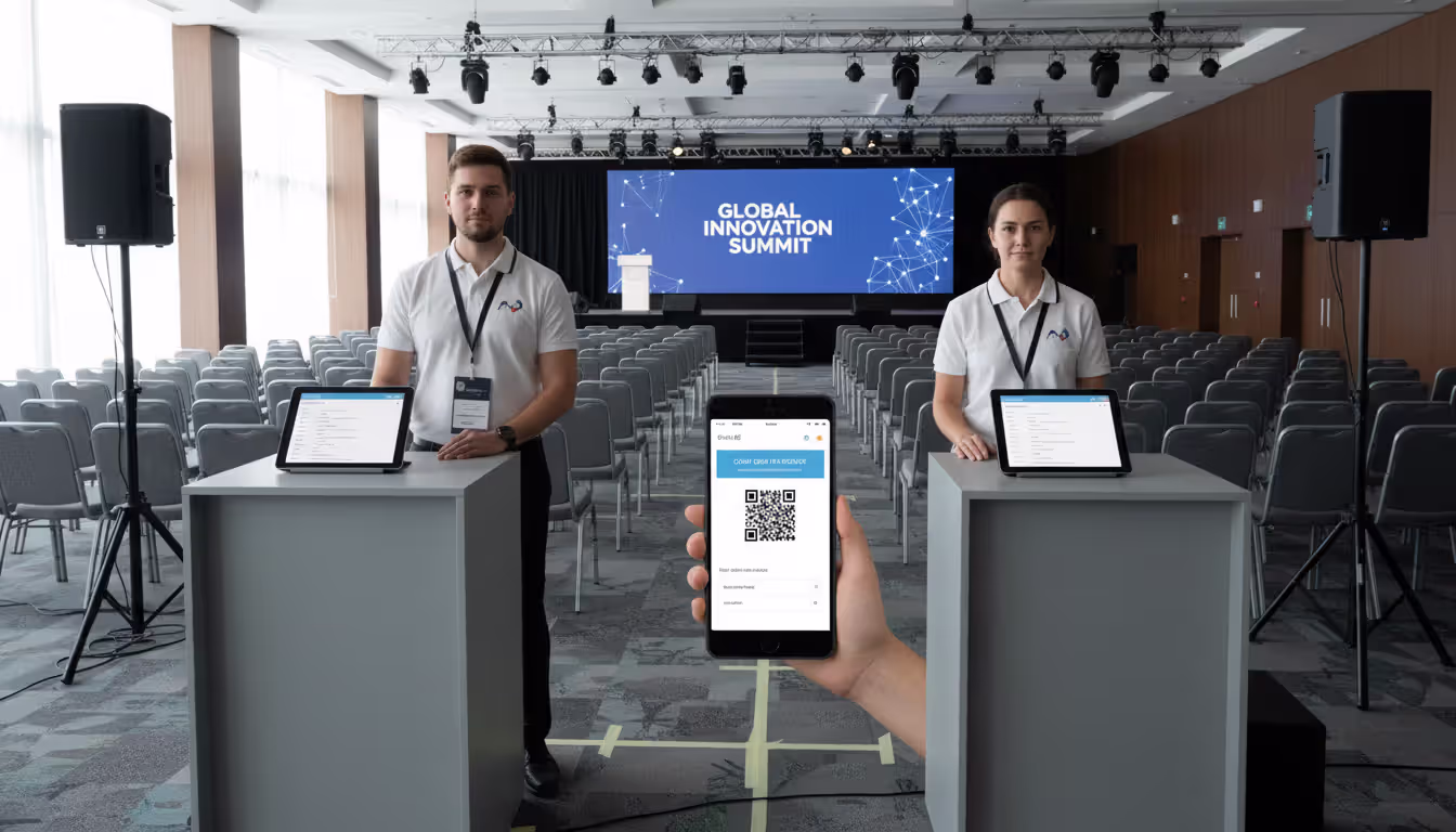 Event organizing team conducting a check-in system rehearsal with two staff members at registration desks holding tablets and one person acting as a test attendee showing a barcode on a smartphone in an empty conference hall set up with chairs and equipment