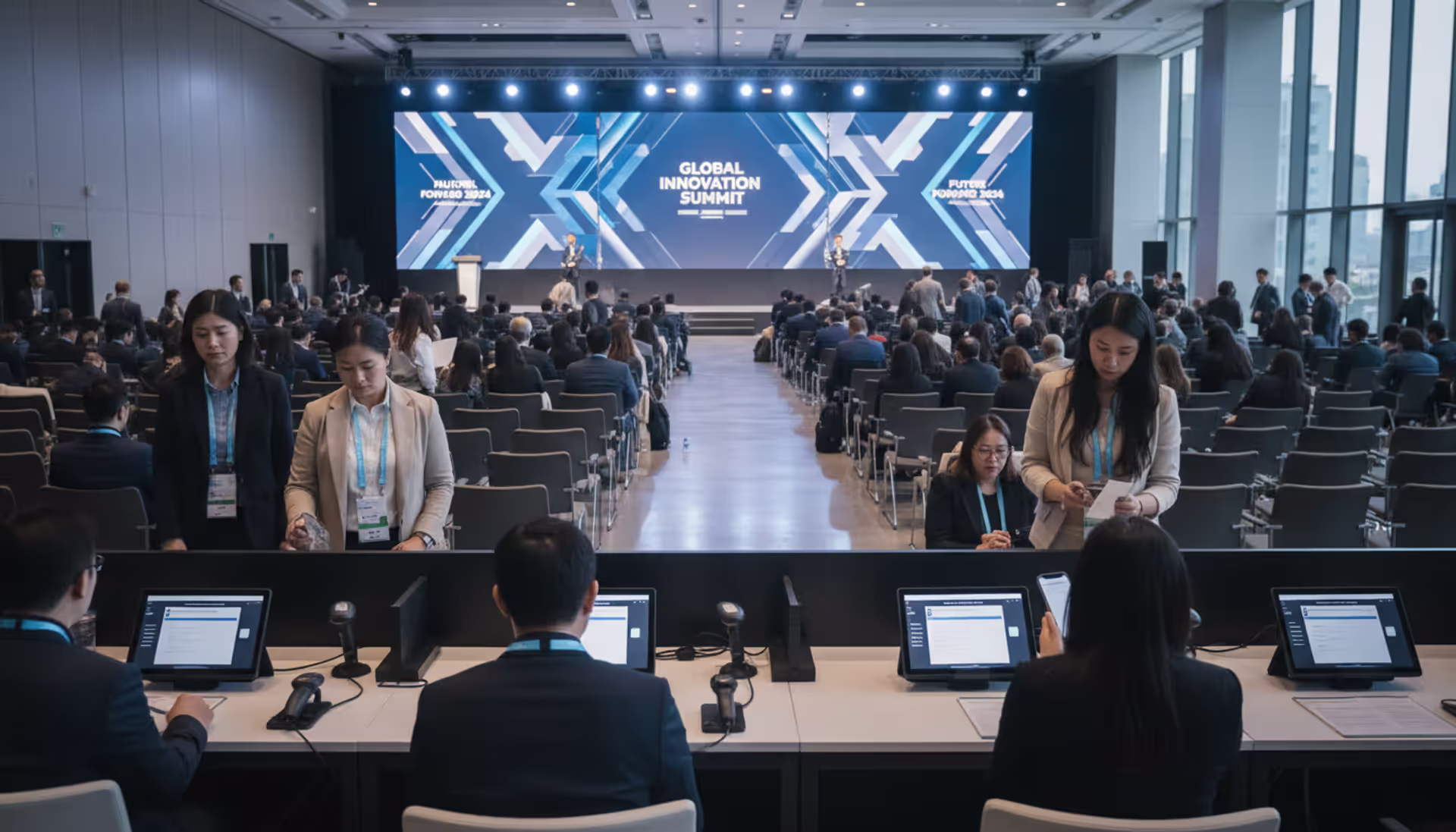 Large modern conference venue with hundreds of attendees passing through digital check-in stations equipped with tablets and badge scanners at the registration area
