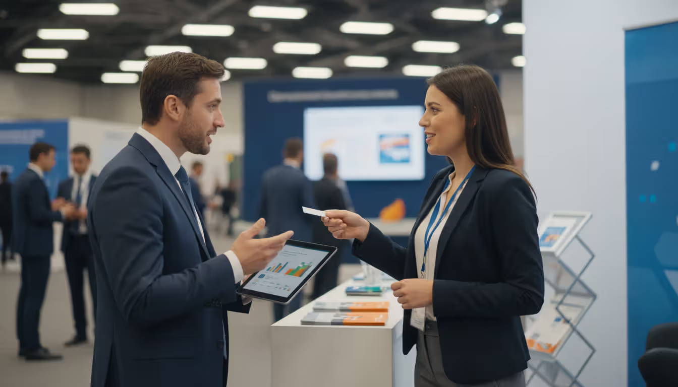 Two business professionals having a conversation at an exhibition booth, one holding a tablet and the other offering a business card