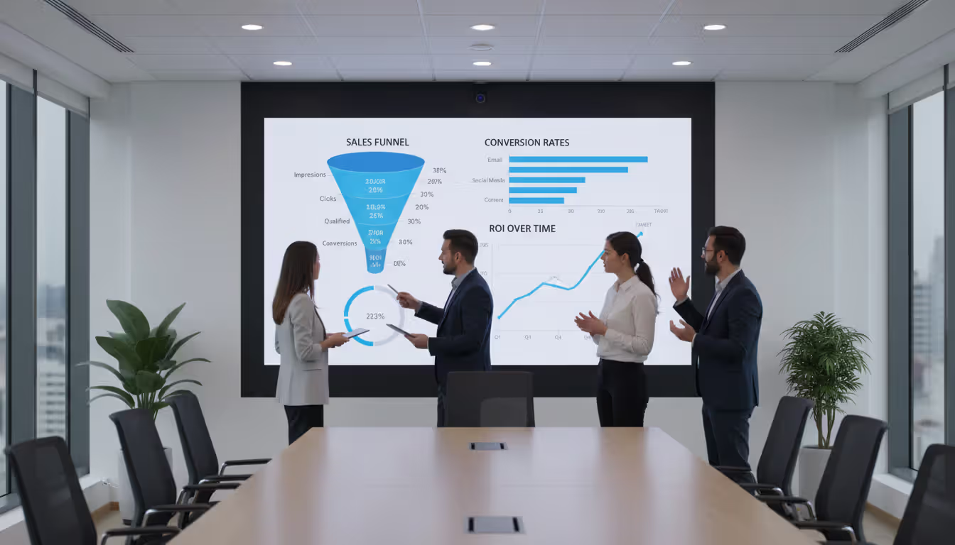 Marketing team reviewing event ROI dashboard with sales funnel and conversion charts displayed on a large screen in a meeting room