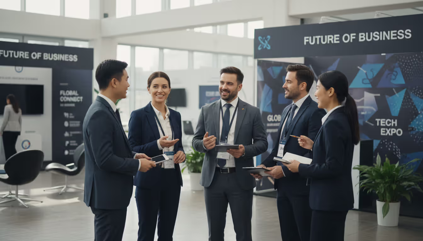 Business professionals networking at a conference event, standing in conversation near exhibition booths with attendee badges