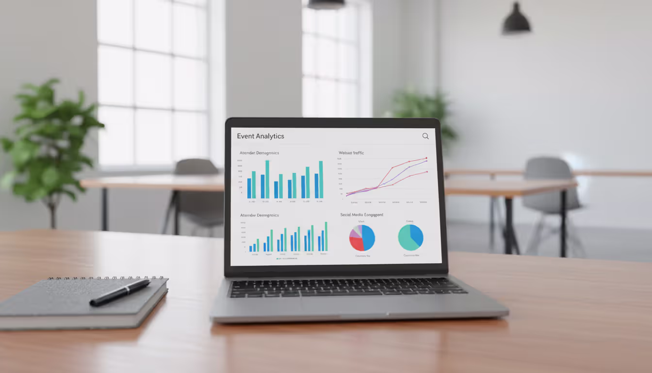 Laptop on a desk displaying event analytics dashboard with bar charts and line graphs in a modern office setting