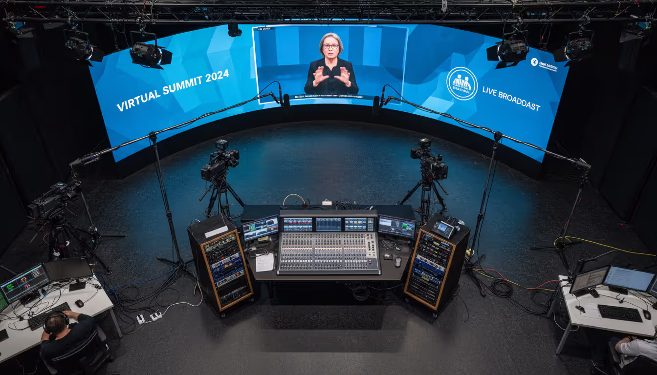 Virtual event production setup with a large monitor showing an online speaker, professional cameras, microphones, and a mixing console in a studio