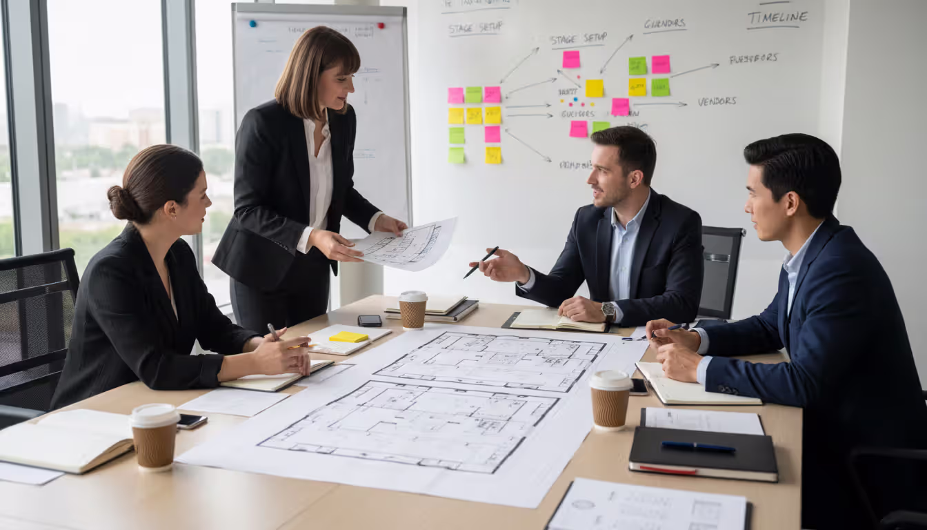 Team of four people collaborating around a meeting table with venue layout plans and a whiteboard with colorful sticky notes, planning an event