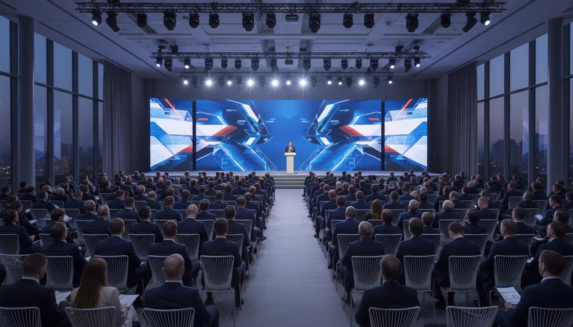 Professional business conference with a speaker on stage presenting to a large audience in a modern venue with LED screen and professional lighting