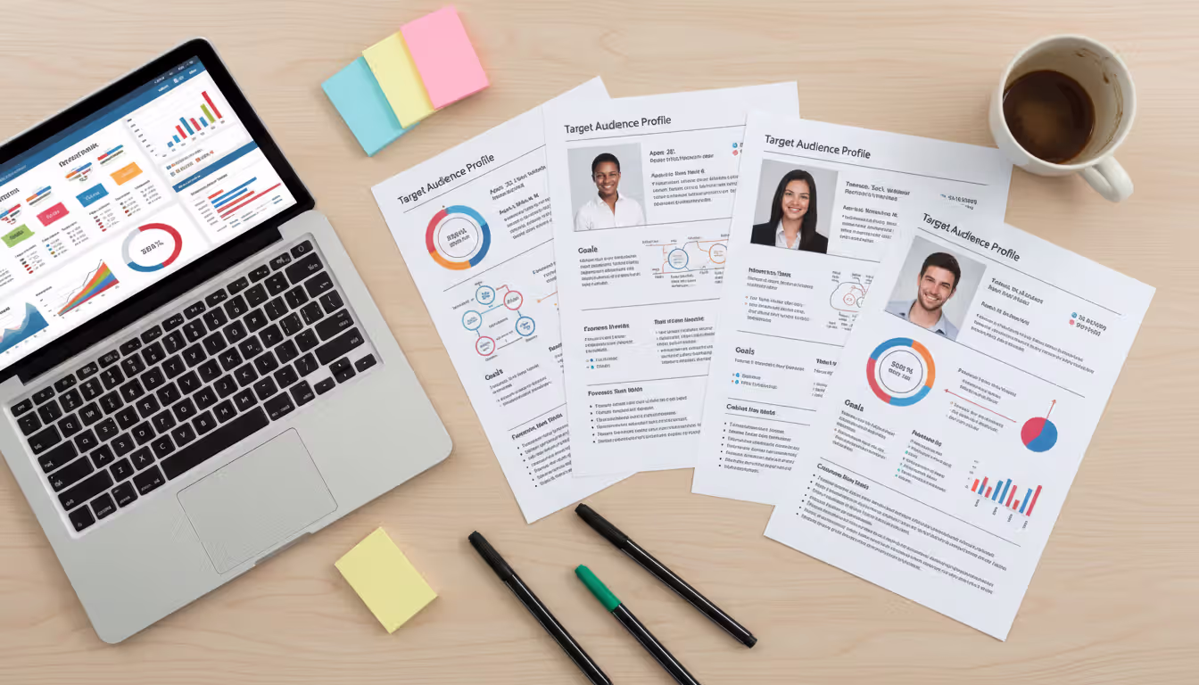 Top-down view of a marketer workspace with printed audience persona sheets, laptop with analytics dashboard, sticky notes, and markers