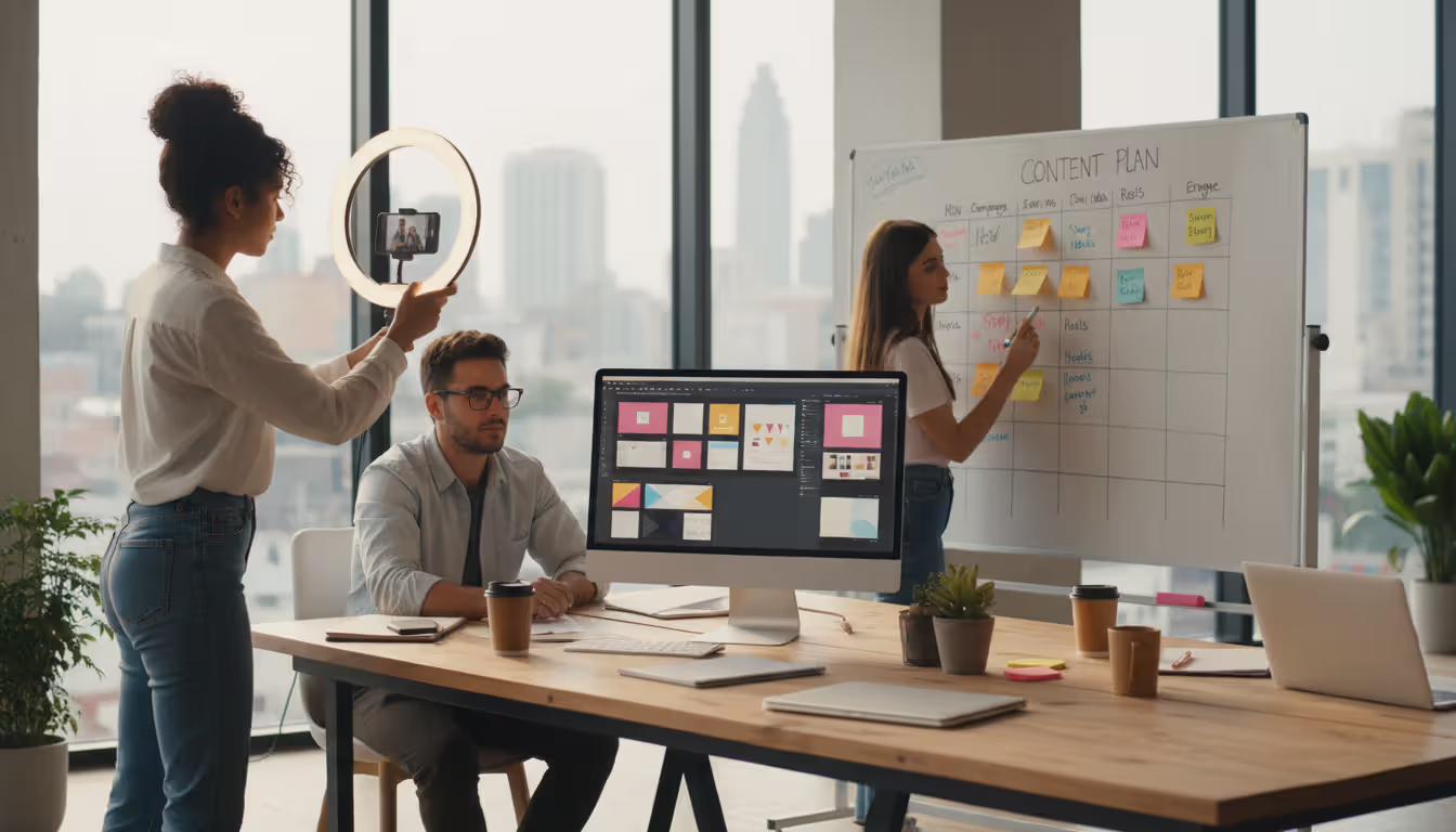 Marketing team in a bright office creating social media content with a ring light, smartphone, computer with graphics, and a content planning board
