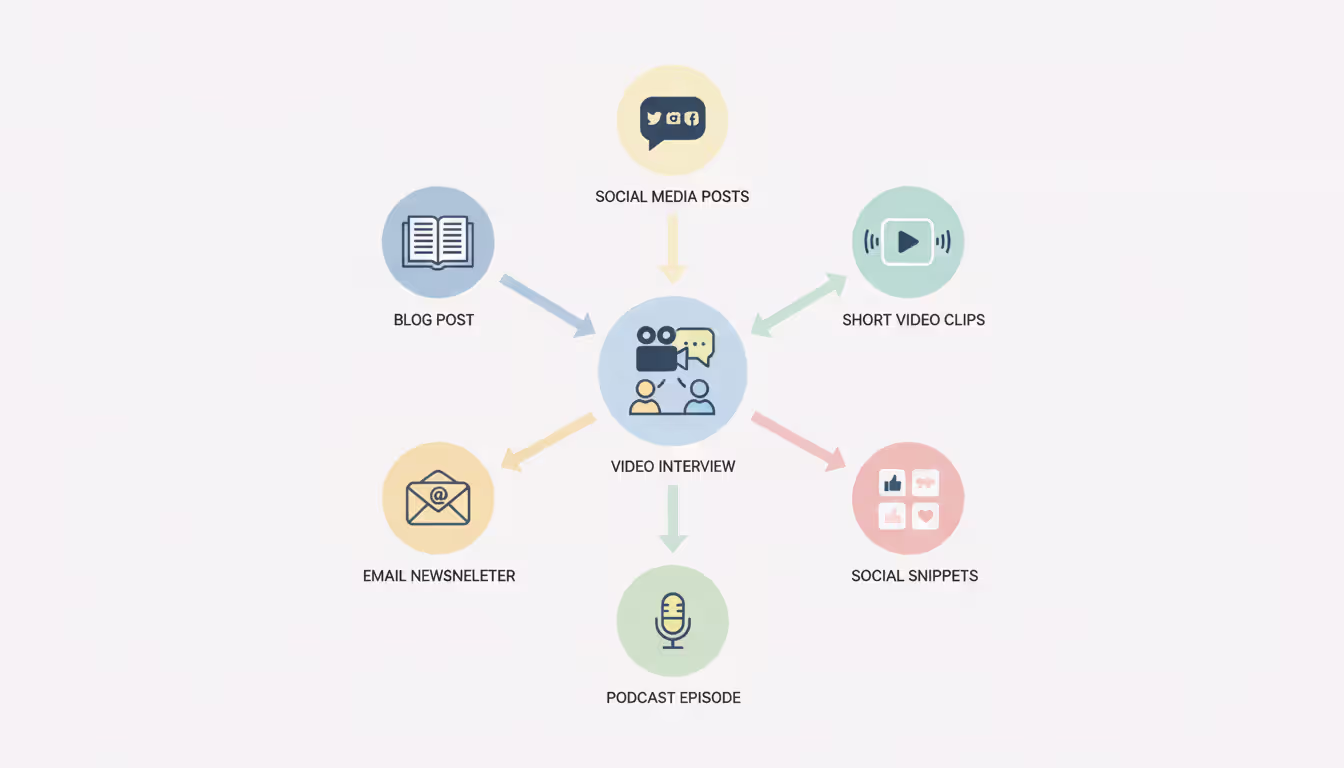 Flat-style infographic showing content repurposing flow from one video interview to blog post, email, social media posts, podcast, and short video clips