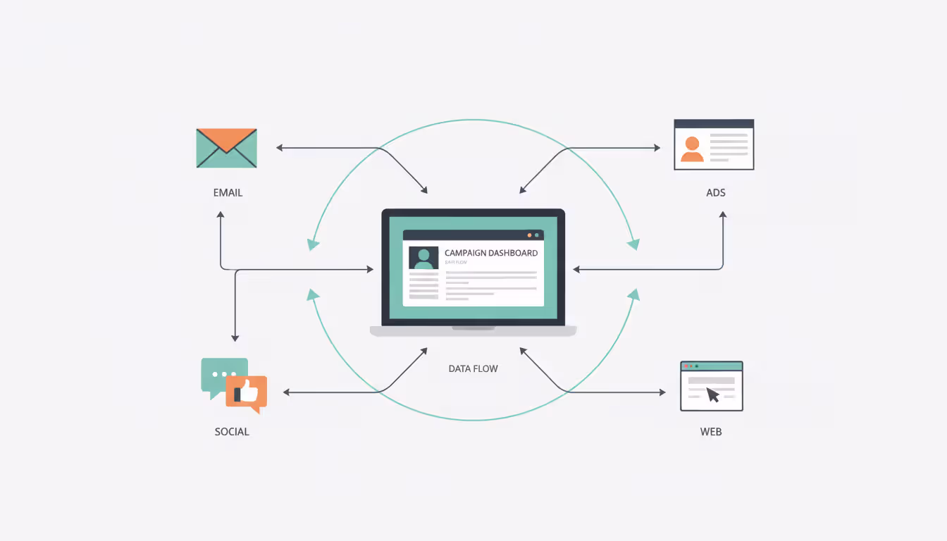 Laptop dashboard with connected icons representing email, social media, ads, and landing pages in a multichannel marketing workflow