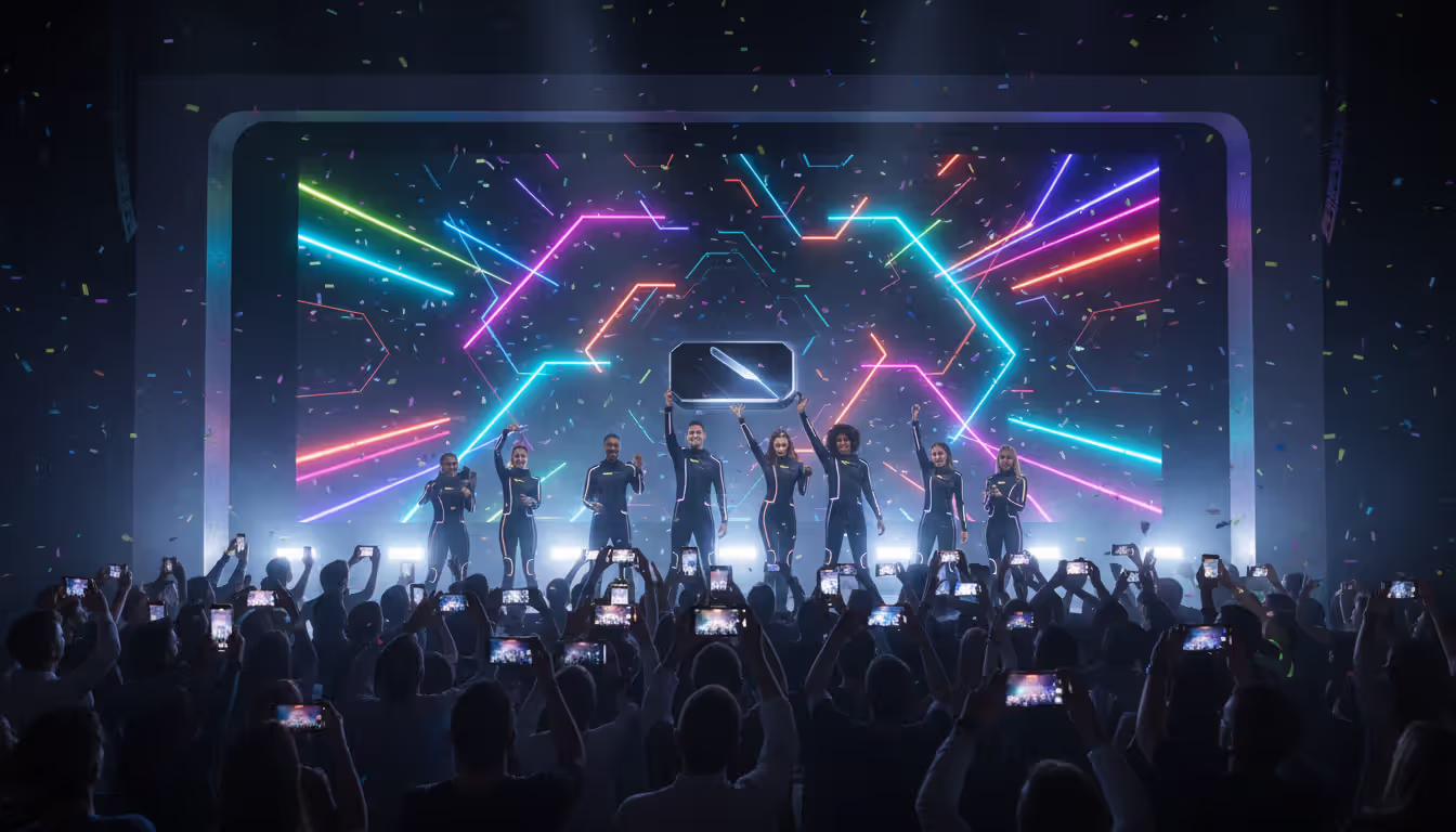 Product launch event with a lit stage, LED screen with abstract visuals, and an engaged audience holding smartphones