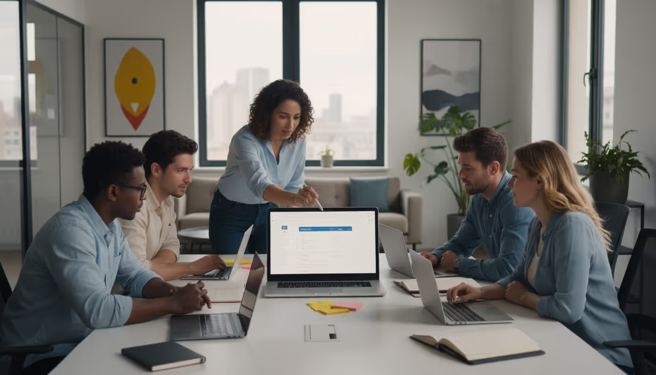 Team of professionals collaborating around a laptop screen evaluating software in a modern office setting