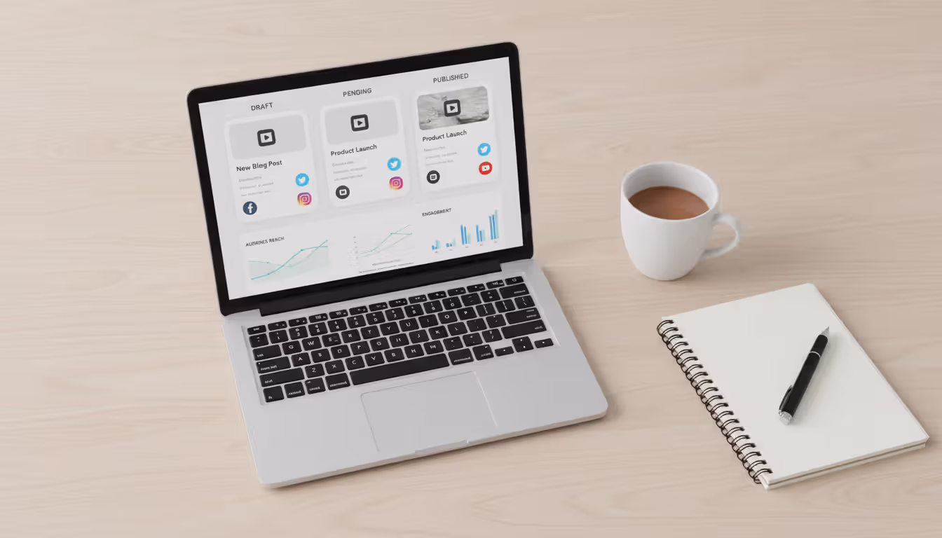 Laptop screen showing social media scheduling interface with post cards and audience reach charts on a clean desk