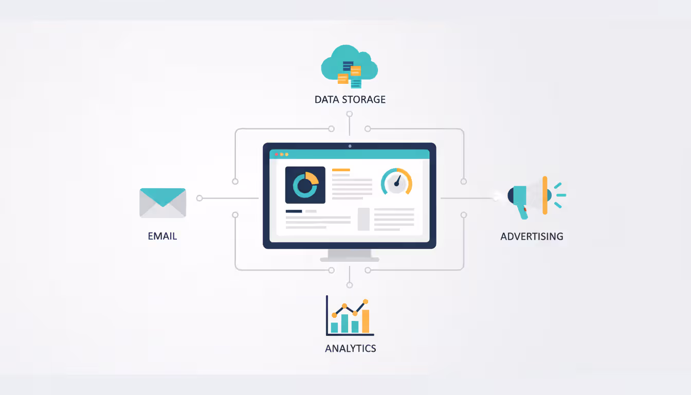 Flat infographic showing centralized event marketing dashboard connected to email, advertising, cloud data, and analytics icons