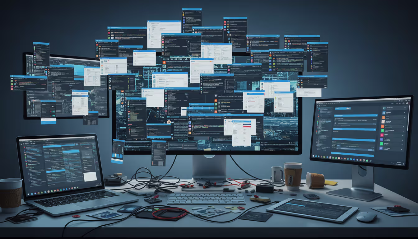 Cluttered desk with multiple screens showing too many open applications contrasted with one organized dashboard screen