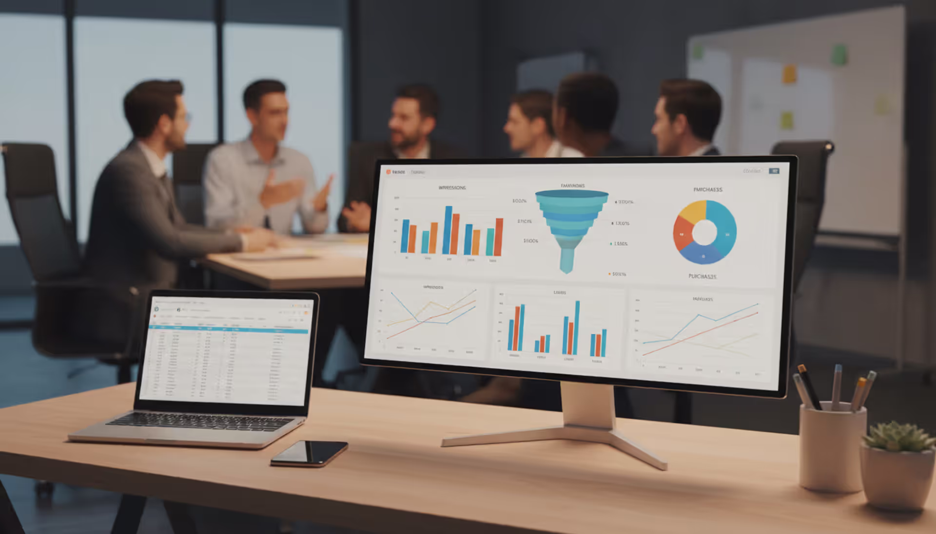 Modern event marketer workspace with analytics dashboard on monitor screen and blurred conference hall in background