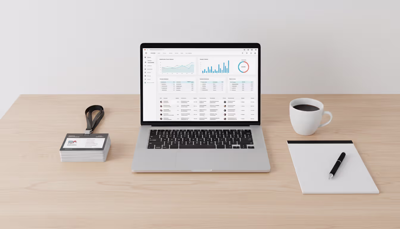 Top-down view of an event organizer workspace with laptop showing dashboard charts and graphs alongside name badge cards notepad pen and coffee cup on a clean desk