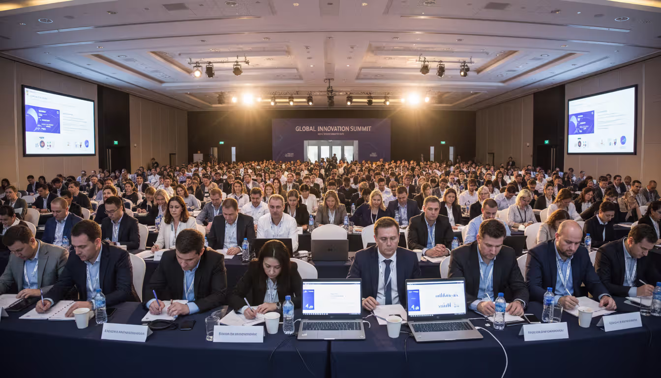 Fully packed conference hall viewed from the stage with engaged attendees sitting in rows holding laptops and notebooks in a well-lit professional setting