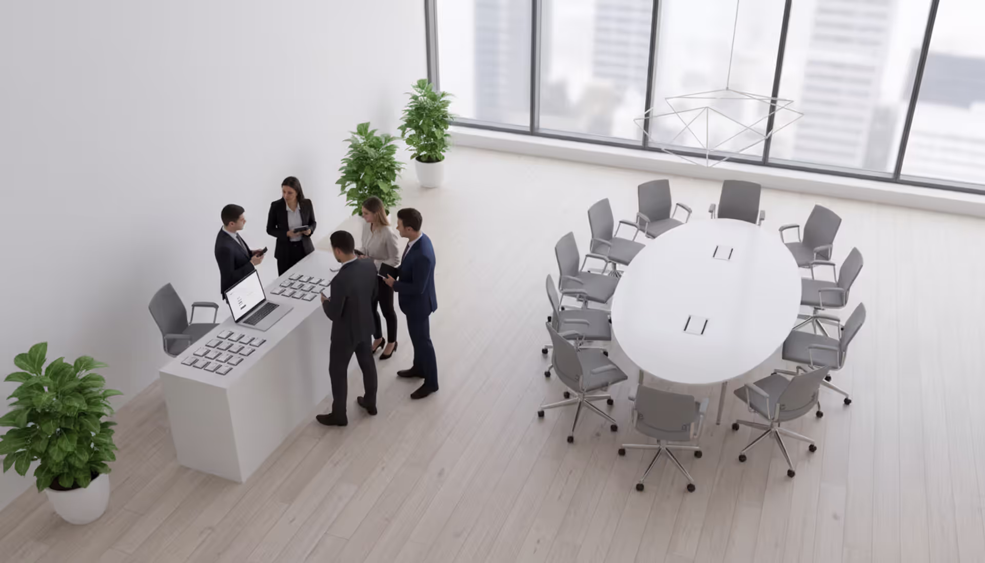 Professional event check-in desk with laptop and name badges in a modern bright conference venue lobby with attendees approaching in an orderly line