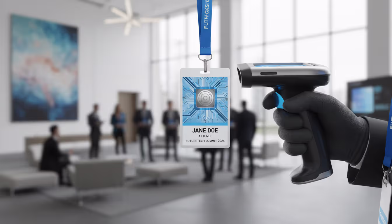 Close-up of a conference attendee badge with embedded RFID chip being scanned by a staff member, blurred event venue lobby with attendees in the background