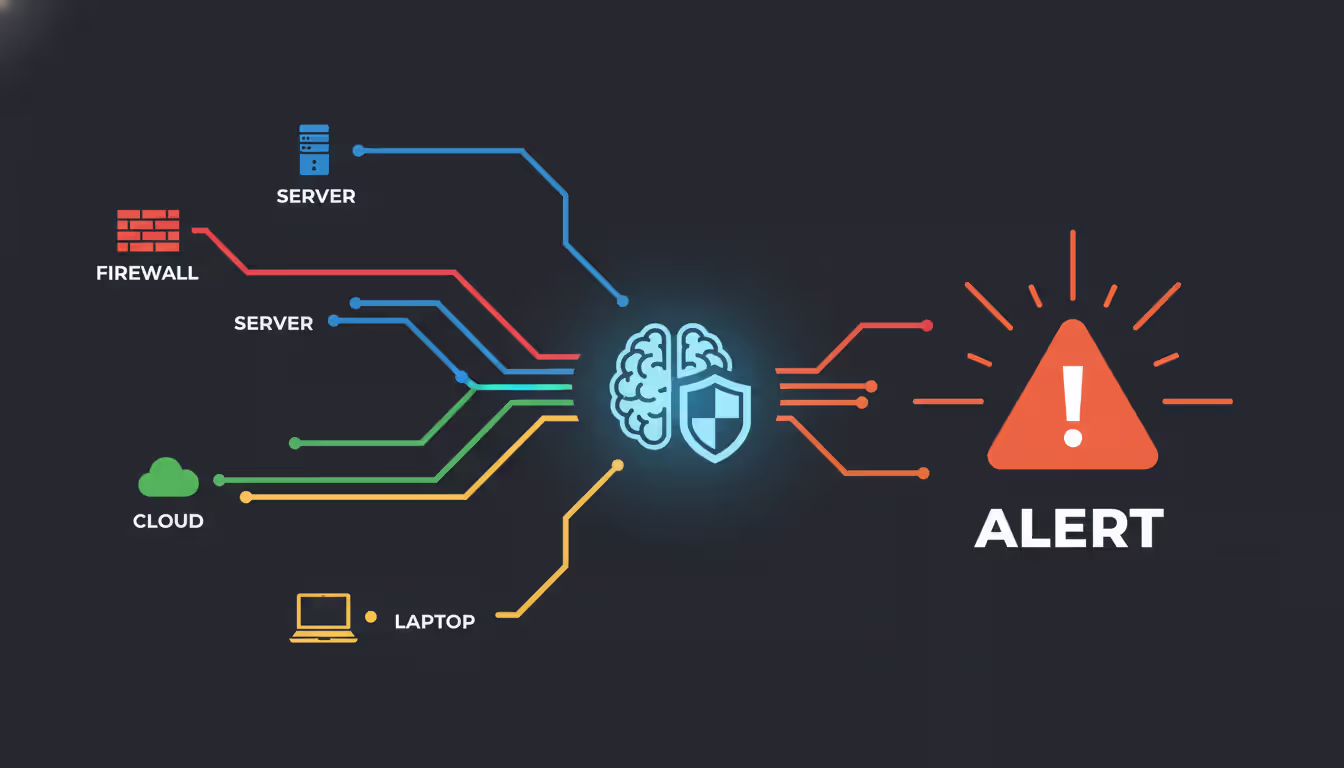 Infographic showing SIEM correlation process with multiple data streams from firewall, server, cloud, and laptop converging into a central analysis node that outputs security alerts