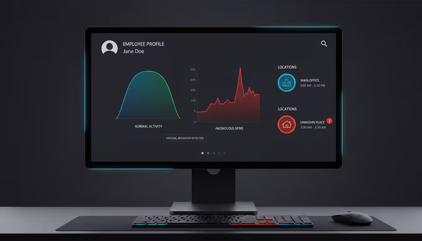 Dashboard screen showing user behavior analytics with a normal activity baseline graph and an anomalous spike highlighted in red alongside two different geolocation markers