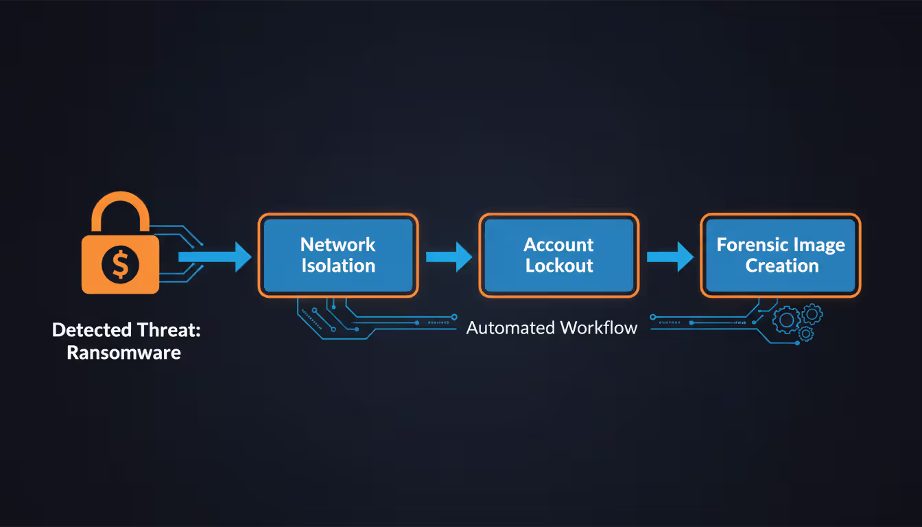 Flowchart of automated incident response playbook showing ransomware detection triggering network isolation, account disabling, and forensic imaging steps connected in sequence