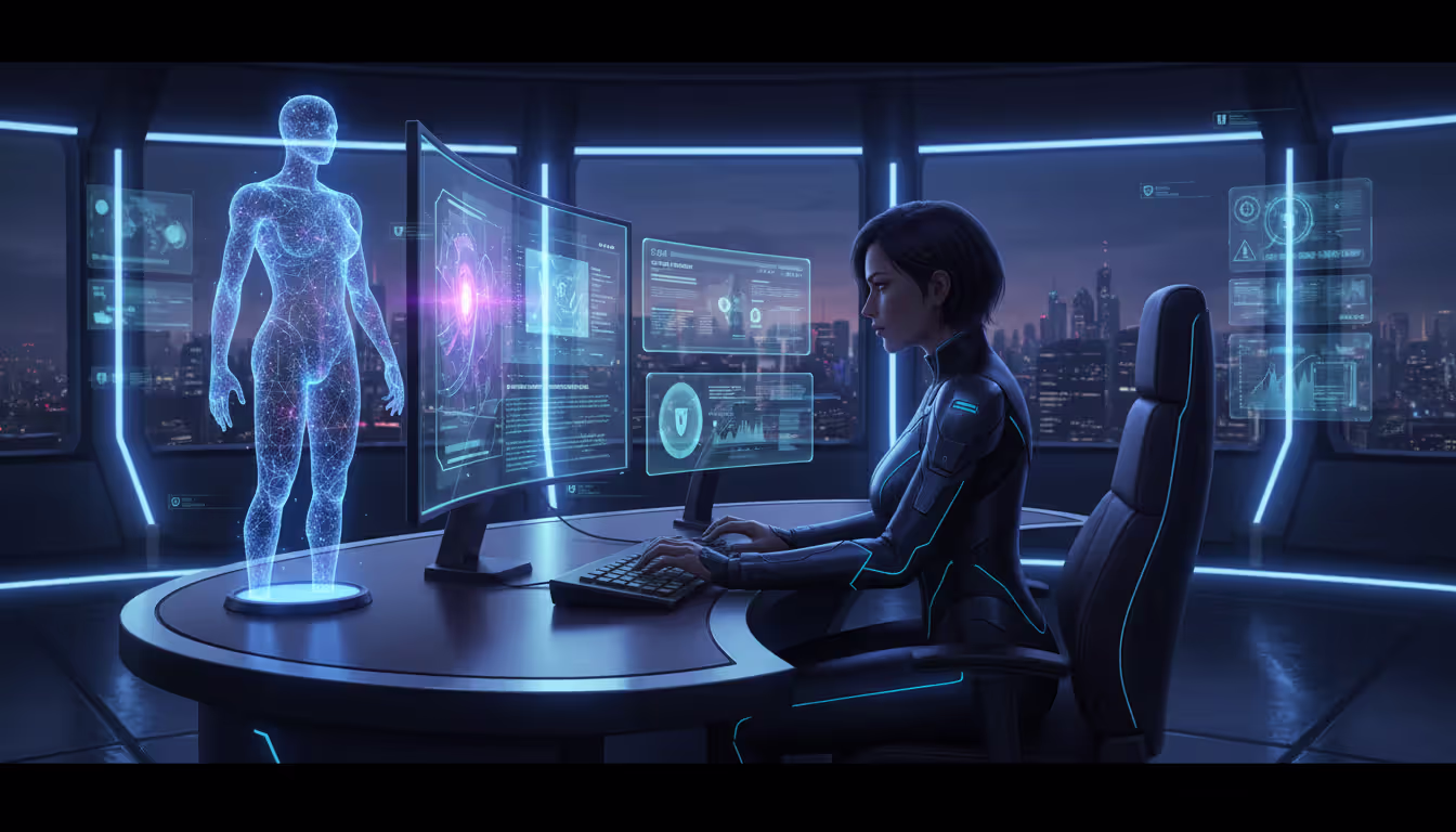 Cybersecurity analyst at a workstation collaborating with an AI-powered holographic assistant that highlights key alerts and recommendations on screen in a futuristic dark blue setting
