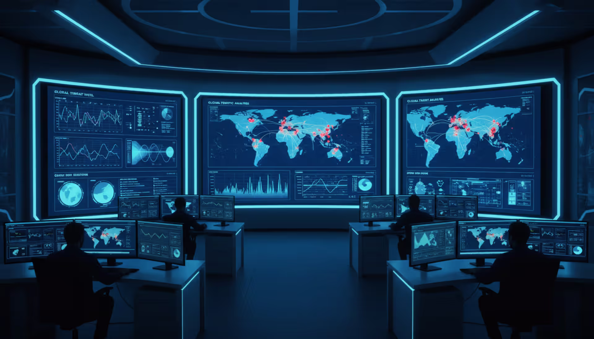 Modern security operations center with large wall-mounted screens displaying network activity graphs and a global threat map in a dark blue room with analysts at workstations