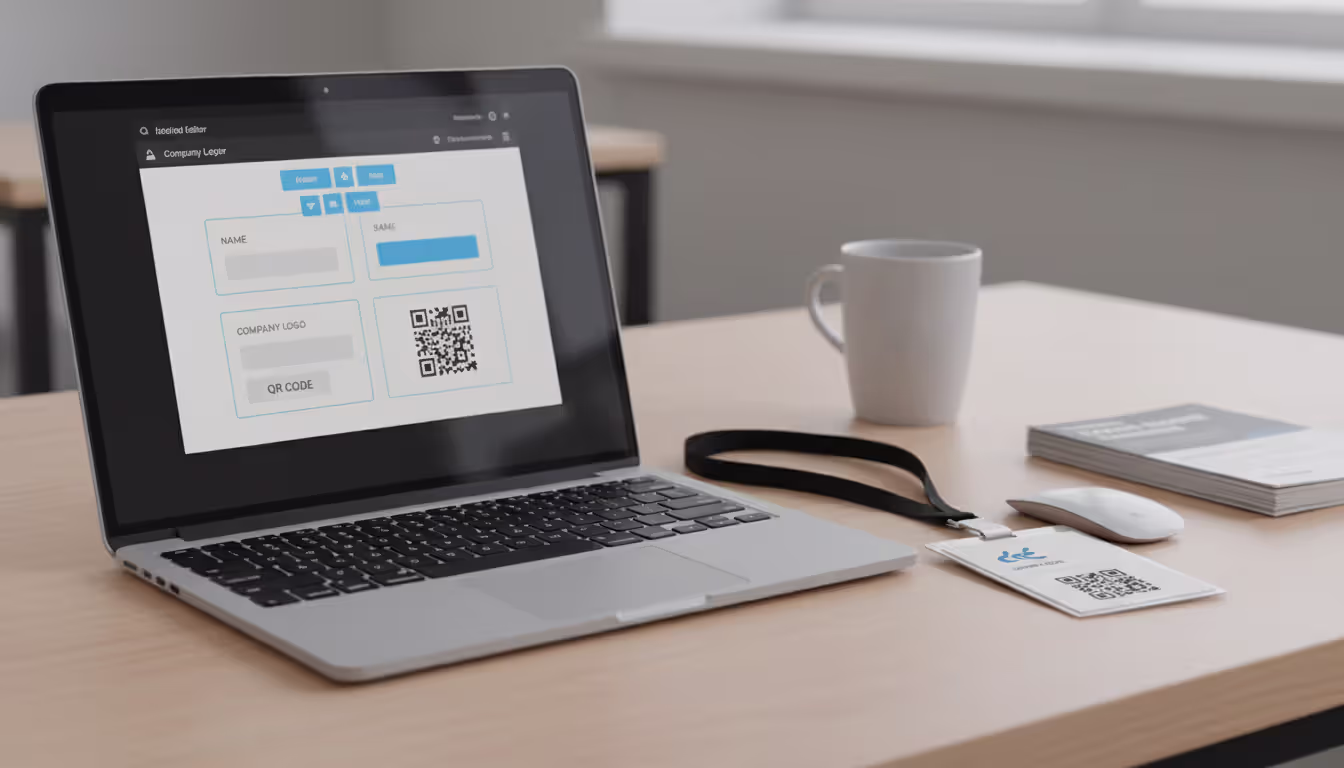 Laptop screen showing a drag-and-drop badge design editor interface with name fields, logo placeholder and QR code, finished printed badge on a lanyard lying next to the laptop