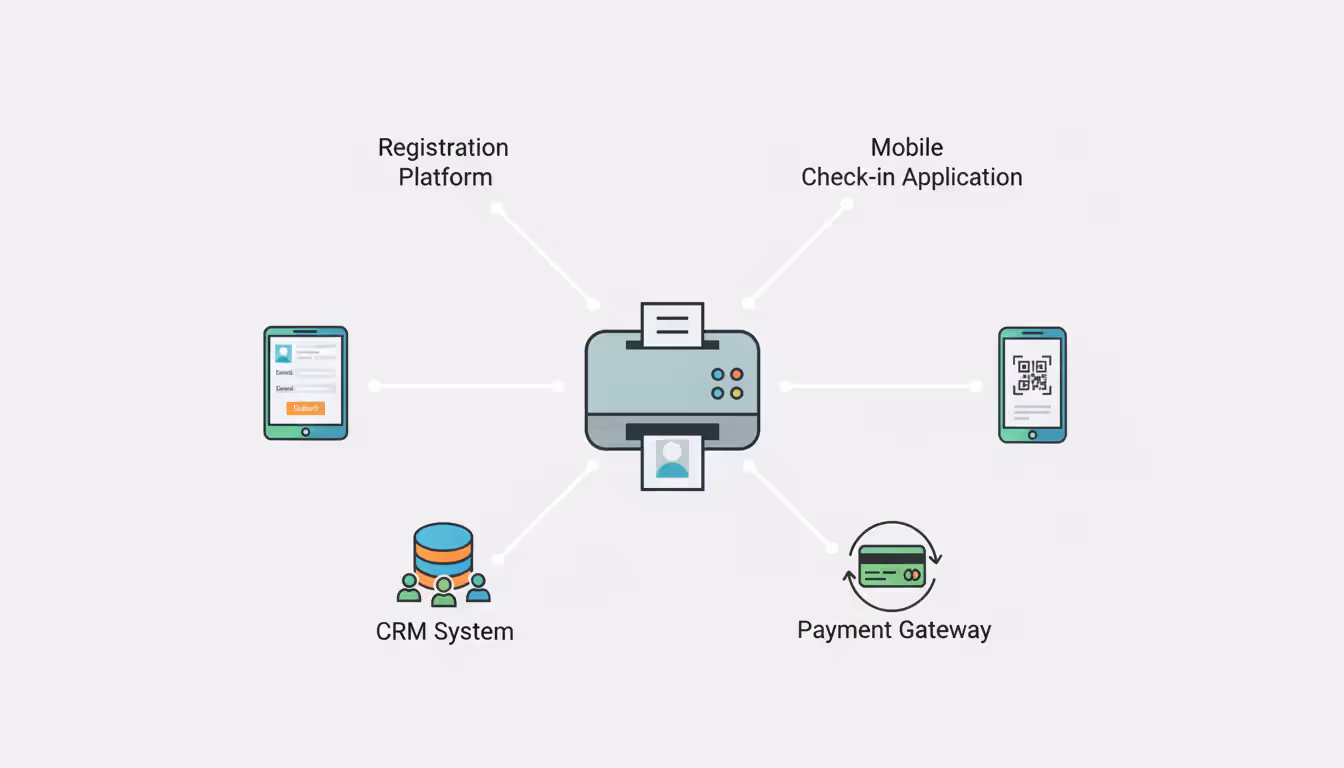 Infographic showing badge printing system integrations with icons for registration platform, CRM, mobile check-in app and payment gateway connected by lines to a central badge printer