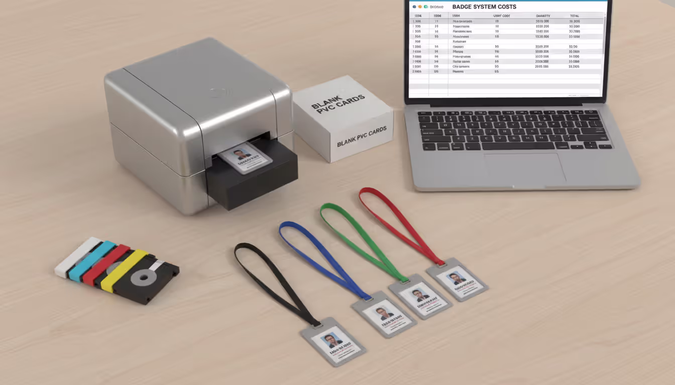 Overhead view of event organizer workspace with a card printer, colorful finished badges on lanyards, box of blank PVC cards, ribbon cartridges, and a laptop showing a pricing spreadsheet