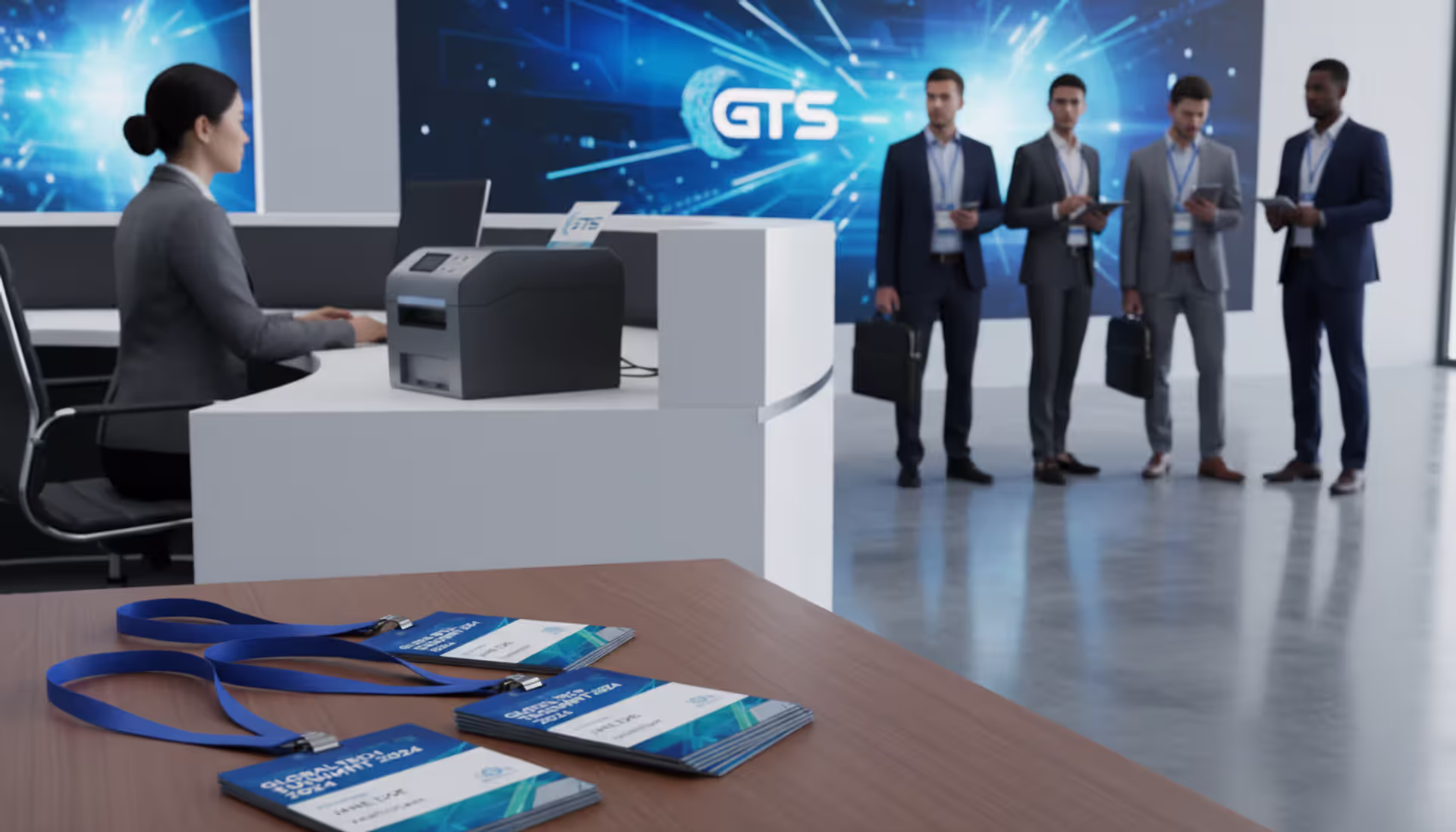 Professional event registration desk with a badge printer producing a finished name badge, stack of lanyards and plastic badges in foreground, conference attendees waiting in line in the background