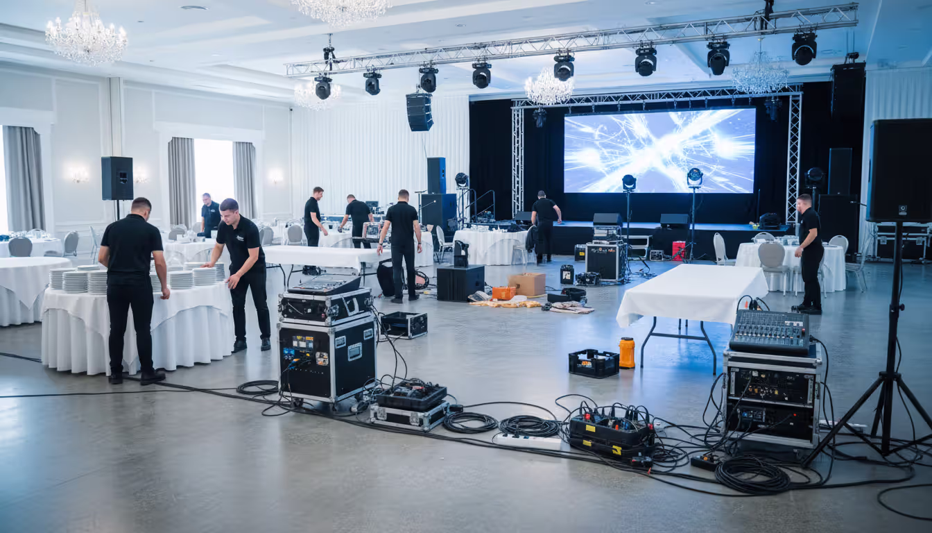Event venue setup in progress with workers arranging tables, stage with projection screen, and audio-visual equipment being installed