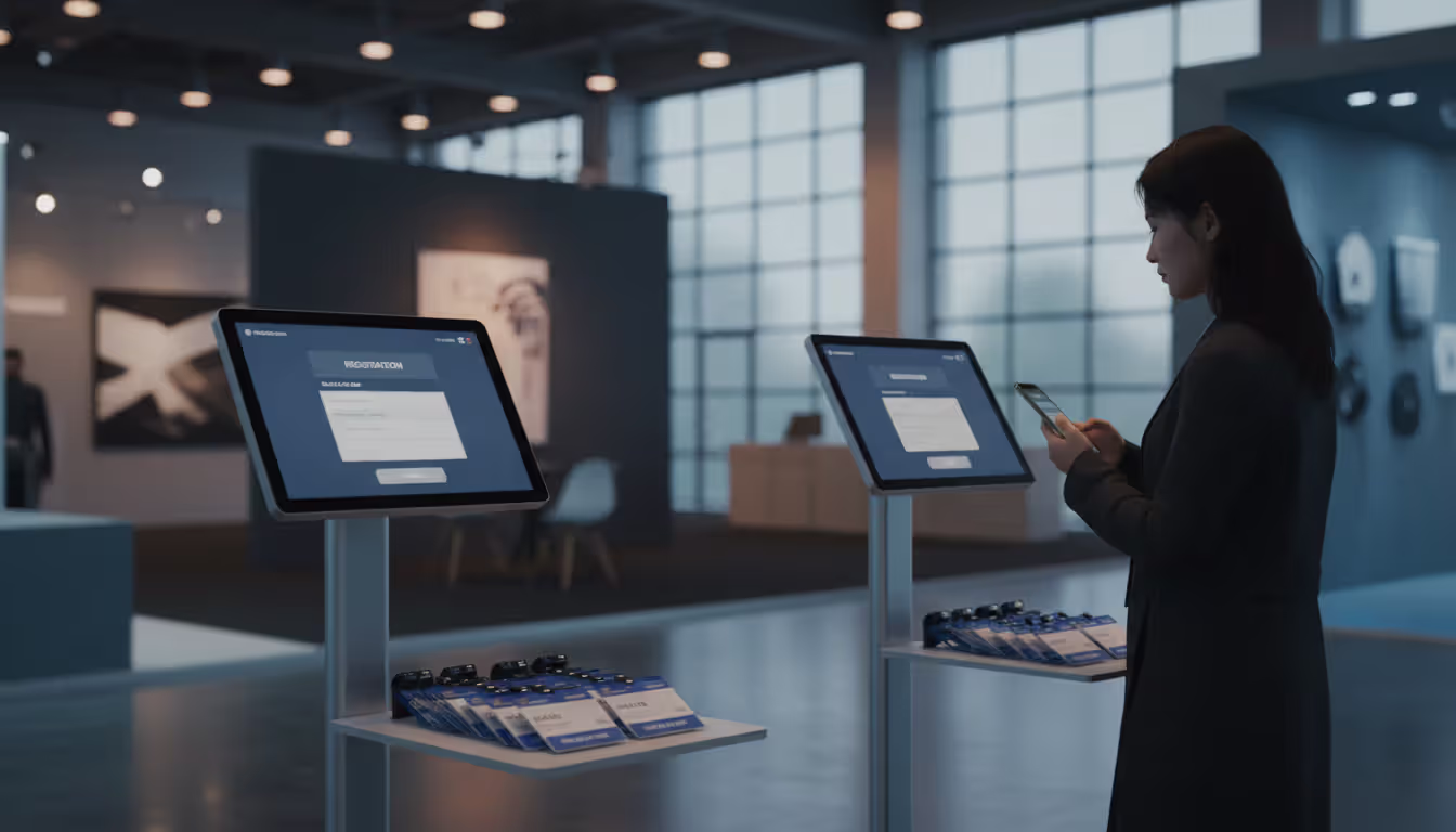 Self-service check-in kiosks at event venue with attendee scanning QR code from phone at tablet stand and printed badges nearby