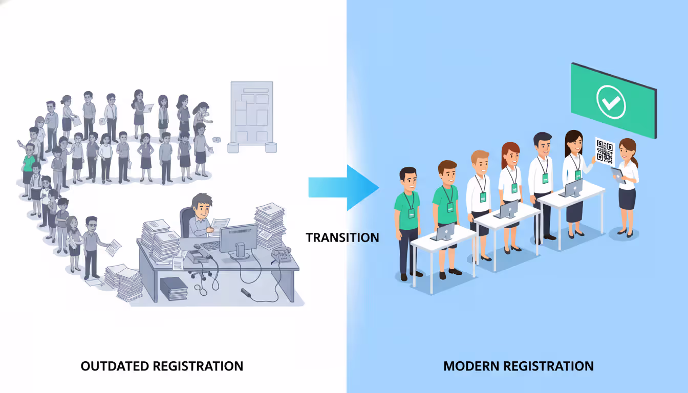 Split comparison image showing chaotic paper-based event registration with long queue on left versus organized digital check-in with tablets and short line on right
