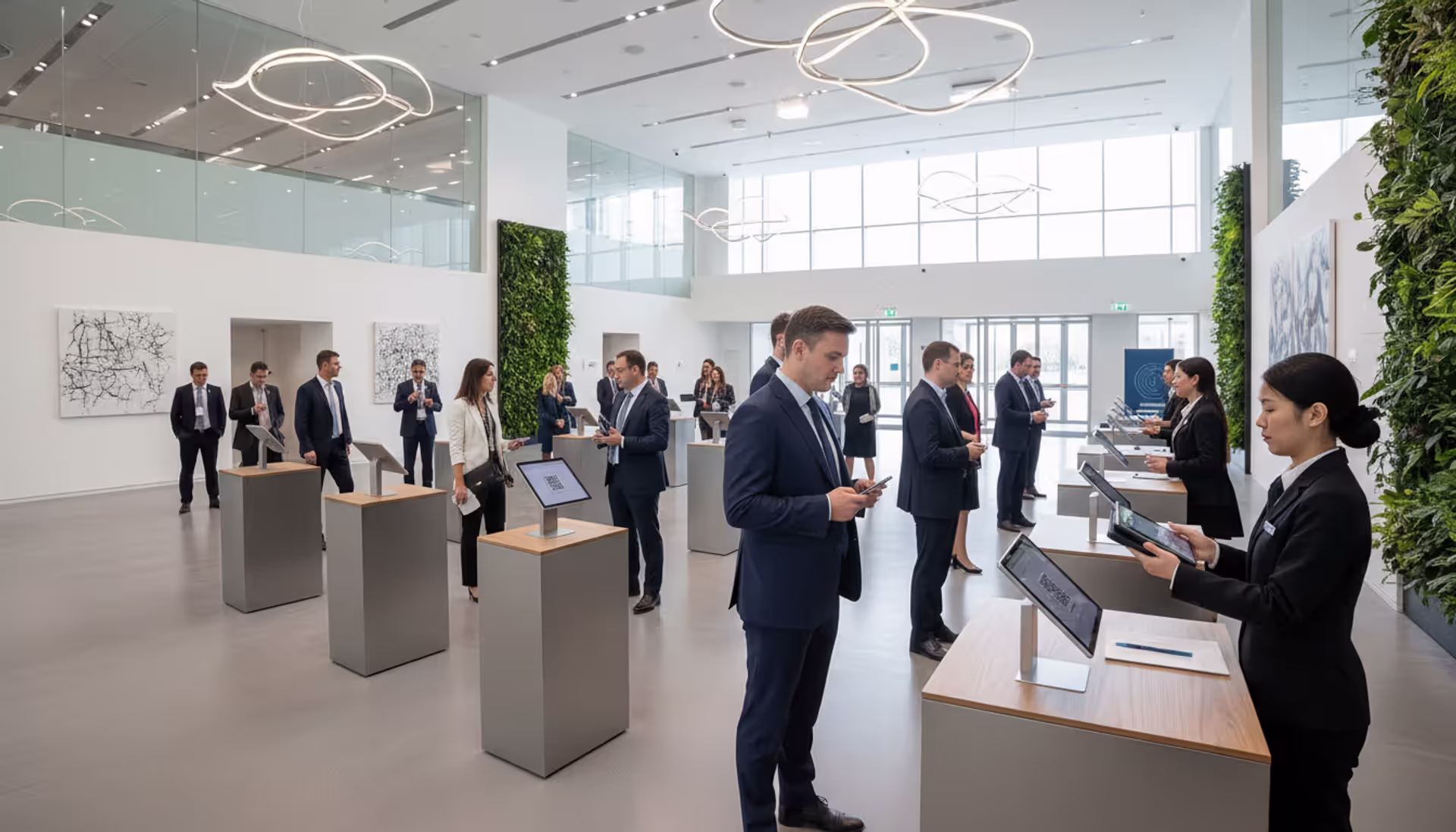 Modern conference venue entrance area with digital check-in stations, staff scanning QR codes on tablets, and short line of attendees in business attire