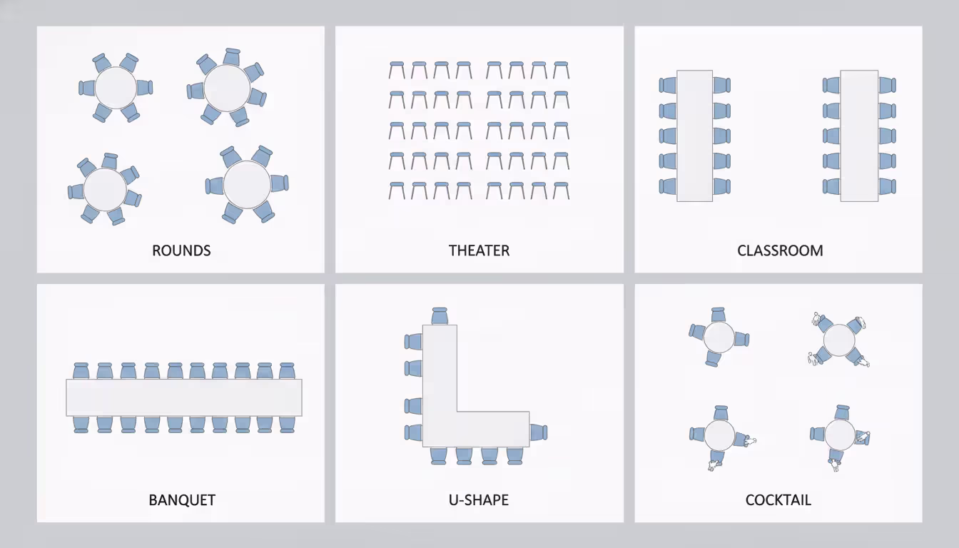 Top-down schematic comparison of six event seating arrangement styles including rounds, theater, classroom, banquet, U-shape, and cocktail layouts