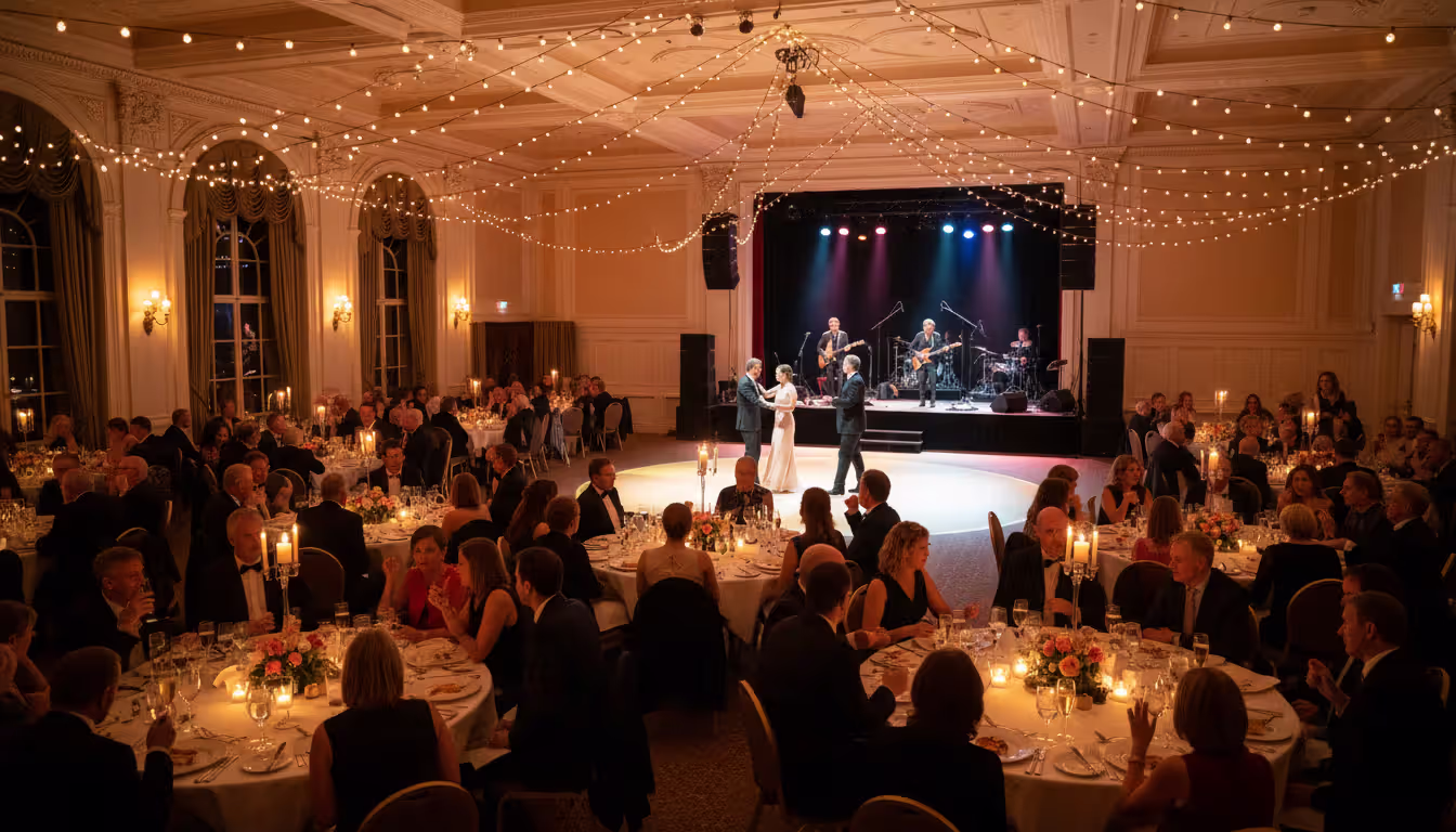 Elegant gala event with round dining tables surrounding a central illuminated dance floor and a live band performing on stage