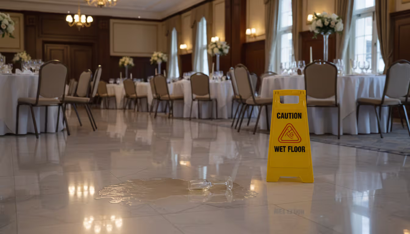 Spilled champagne glass on a glossy ballroom floor next to a wet floor warning sign with decorated banquet tables in the background