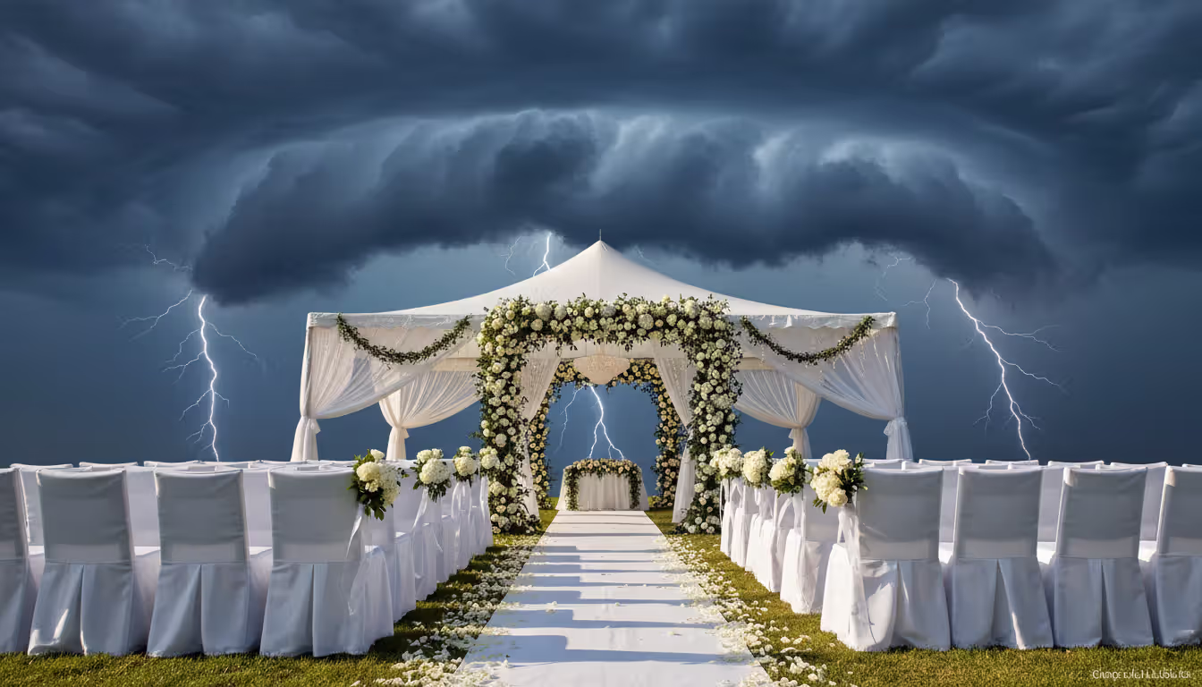 Outdoor wedding venue with white tent and floral arch under dark threatening storm clouds with lightning