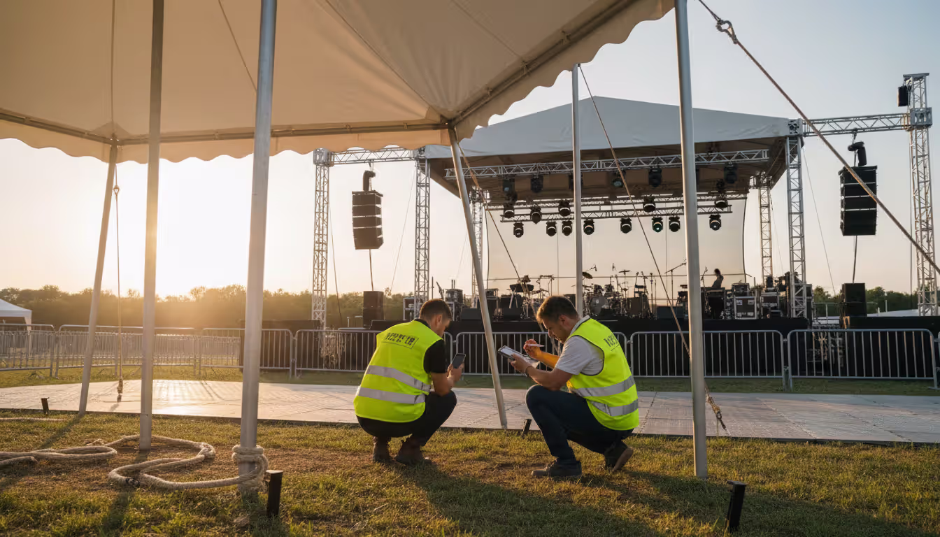 Safety inspection team in vests checking tent anchoring at an outdoor event venue while documenting with phone and tablet