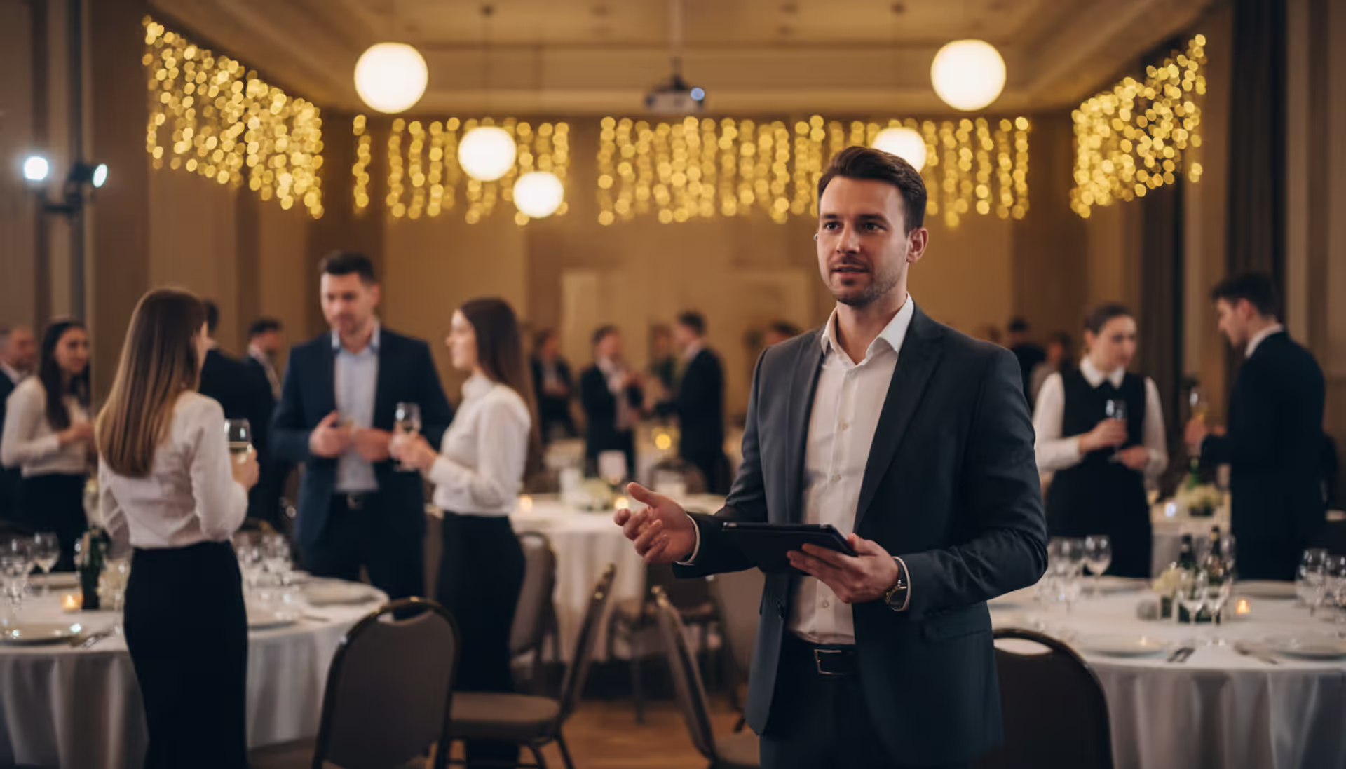 Professional event organizer with headset and clipboard managing an elegant evening banquet in a large decorated ballroom with guests