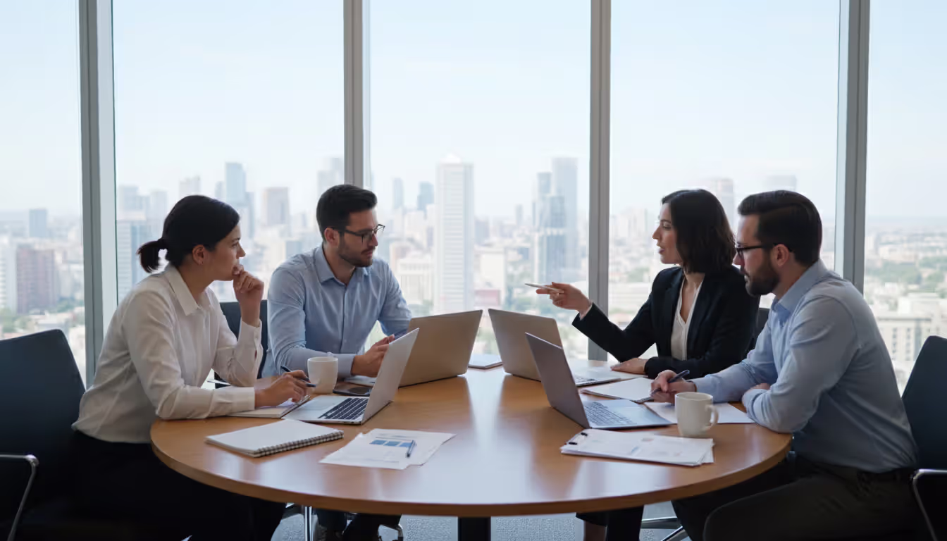A small team of professionals collaborating around a table in a modern office, looking at a laptop screen during an event planning meeting