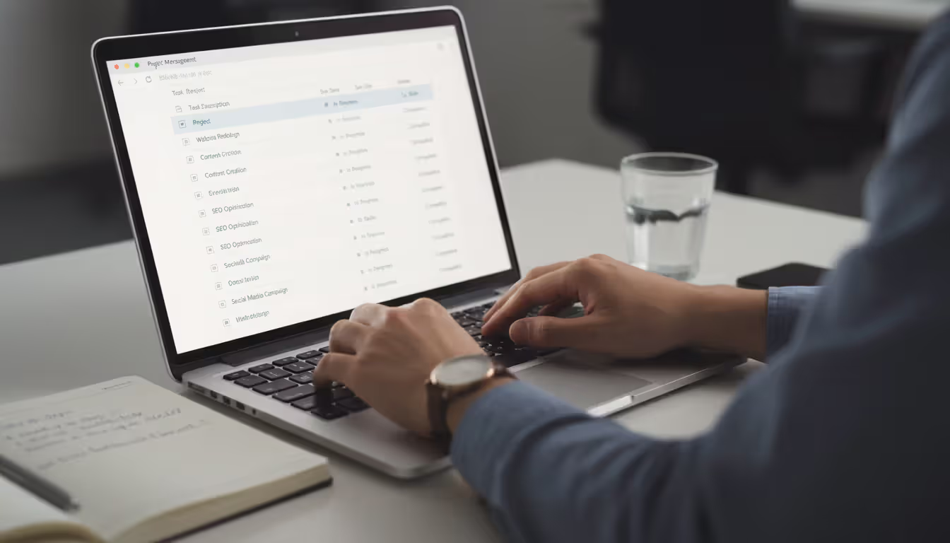 Close-up of hands typing on a laptop with a structured task template on screen, a notebook and glass of water nearby