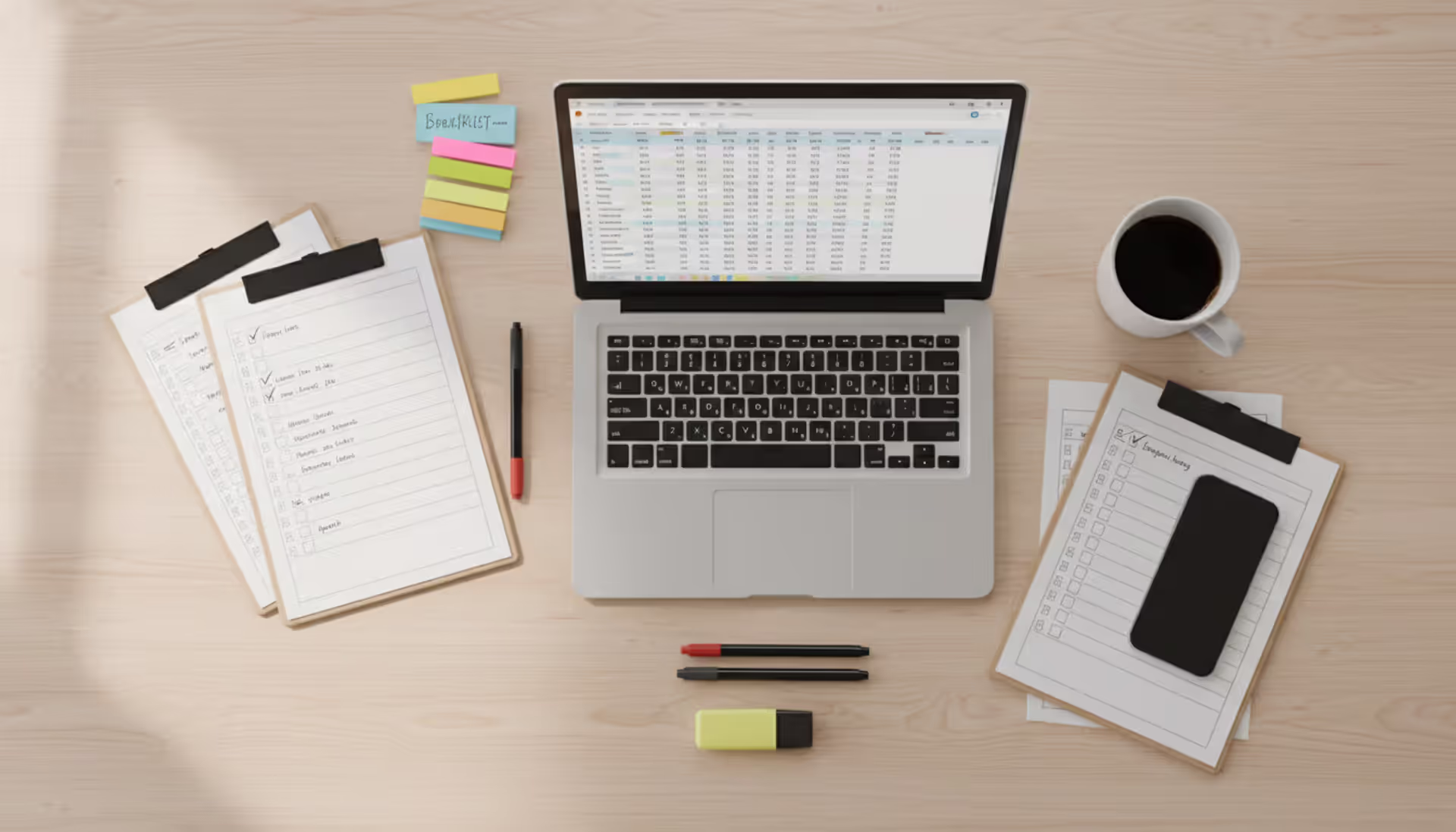 Top view of an organized wooden desk with a laptop showing a spreadsheet, paper checklists with checkmarks, colorful sticky notes, pens, a coffee cup, and a smartphone for event planning