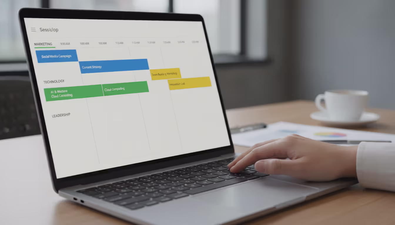 Laptop screen showing drag-and-drop event scheduling interface with colorful session blocks on a timeline, hand using trackpad
