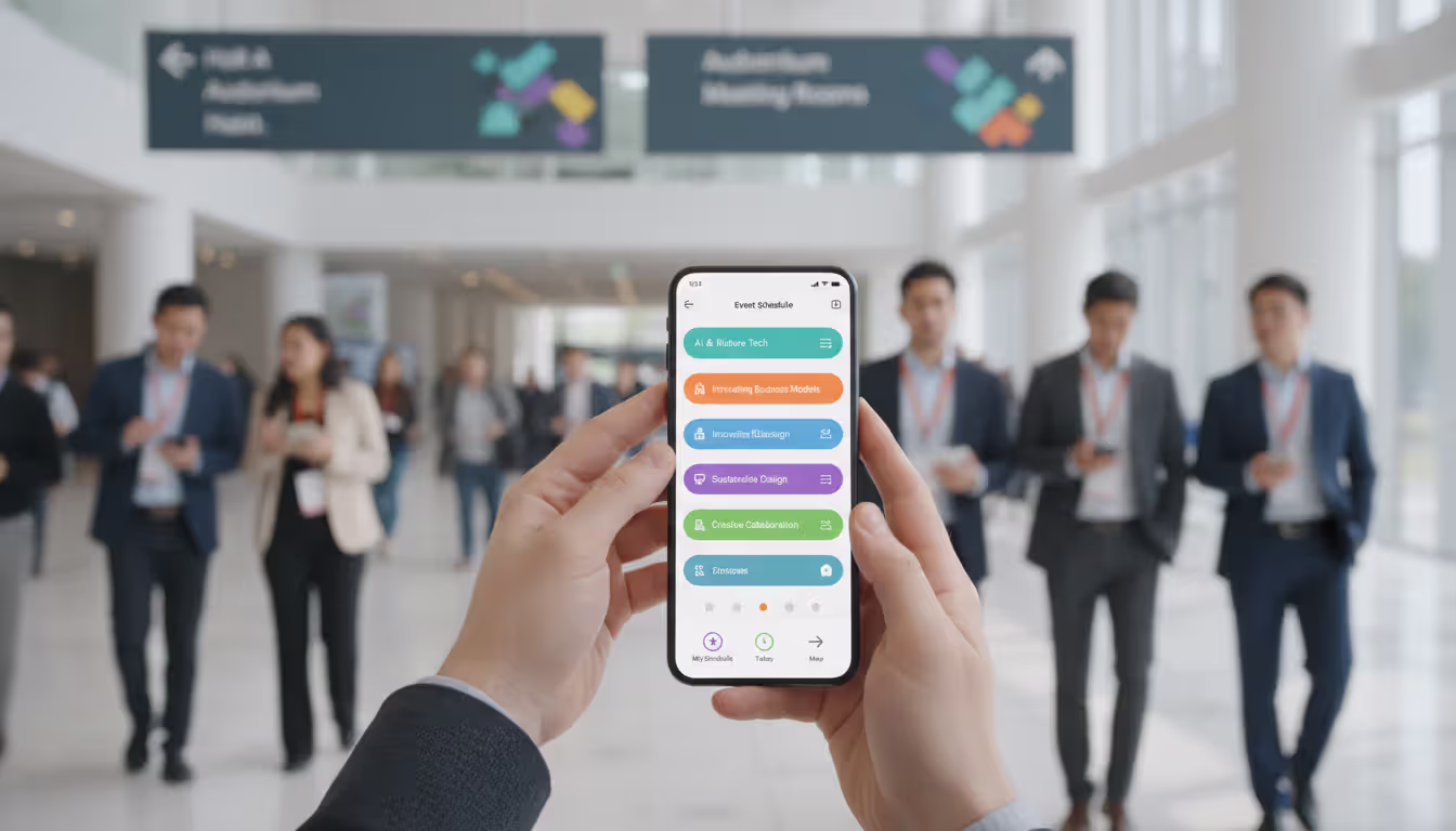 Person standing in a convention center lobby holding a smartphone displaying a mobile event schedule interface with colorful session cards