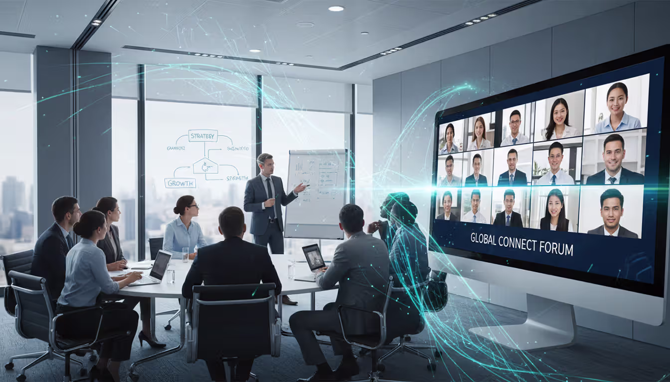 Hybrid event split view showing physical meeting room with attendees and speaker on the left, and video conference grid with remote participants on a screen on the right